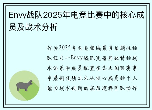Envy战队2025年电竞比赛中的核心成员及战术分析